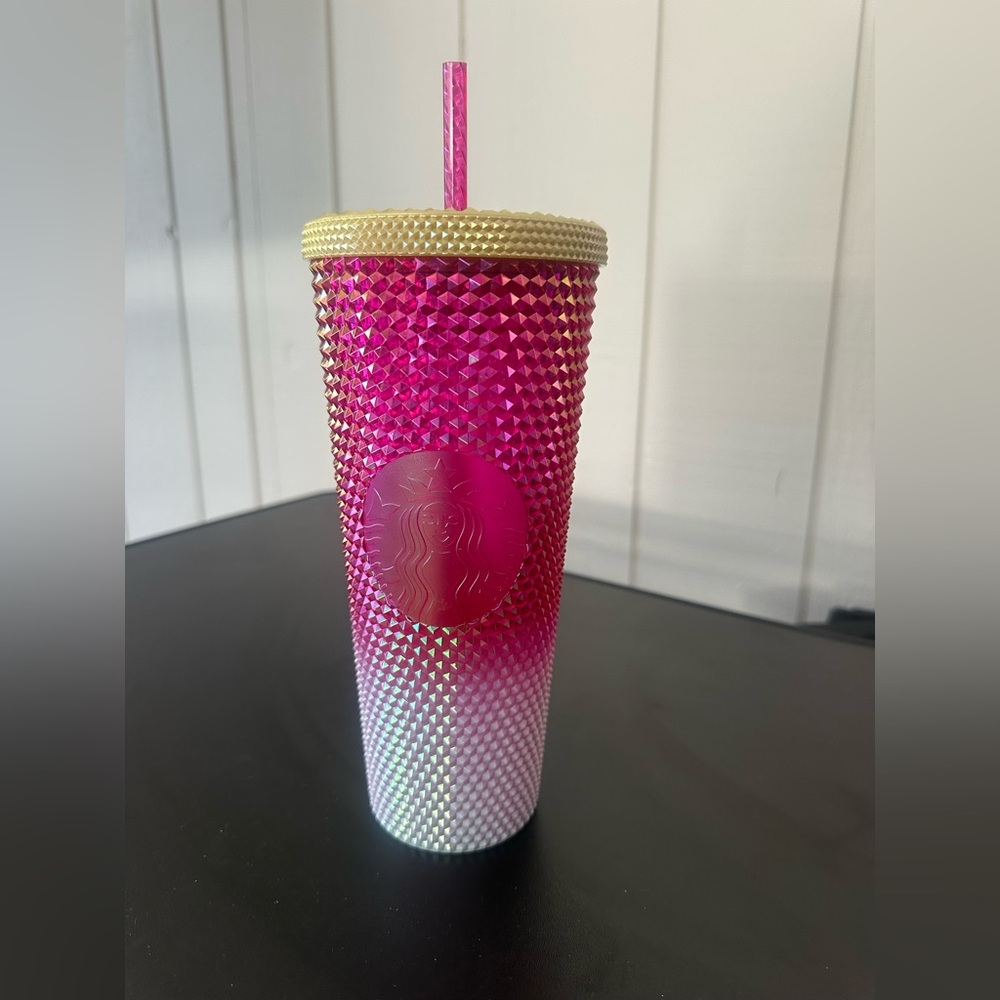 Starbucks Hot Pink to Iridescent White Studded Tumbler with Gold Lid